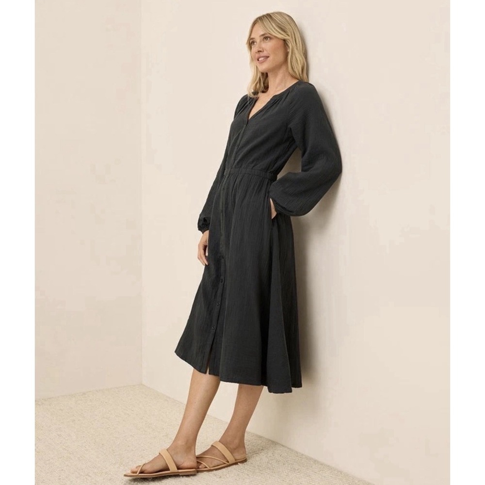 PACT Coastal Double Gauze Poet Sleeve Midi Dress XL Black Organic Cotton Dress - Picture 3 of 7